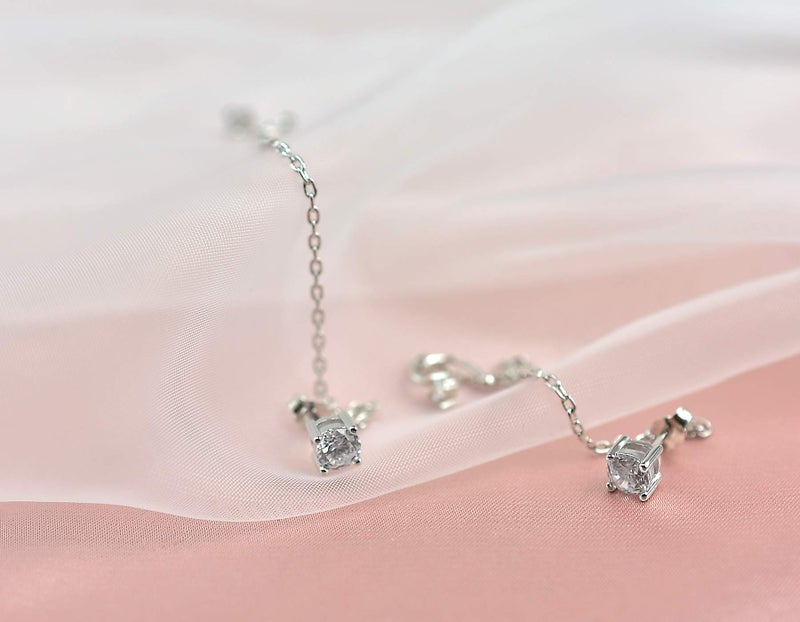 ELEDUCTMON Cubic Zirconia Crystal Ear Cuff Chain - Sterling Silver Hypoallergenic Rhinestones Drop Dangle Earrings - 2 in 1 Gifts for Women - Image 5